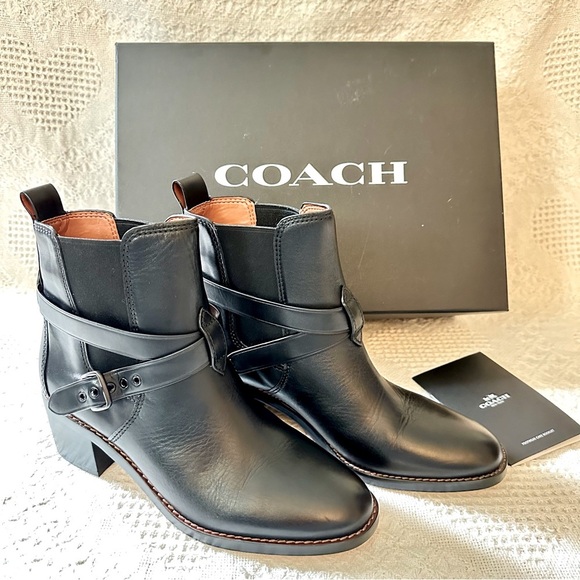 NWT Coach Leather Black Moto Chelsea Ankle Boot Booties Block Heel Size 9.5 - Picture 2 of 11